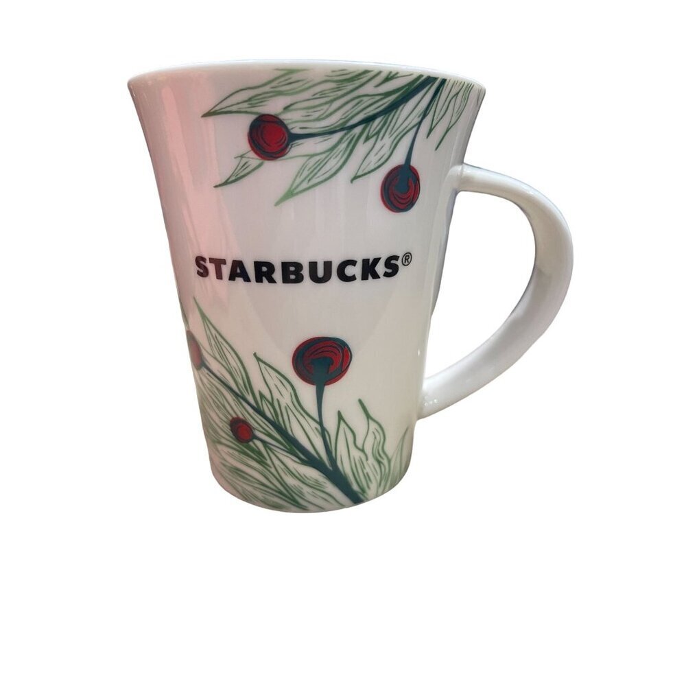 Starbucks Ceramic Mug Holiday 2020 Green leaves &‎ Red Berries Design 10 oz.